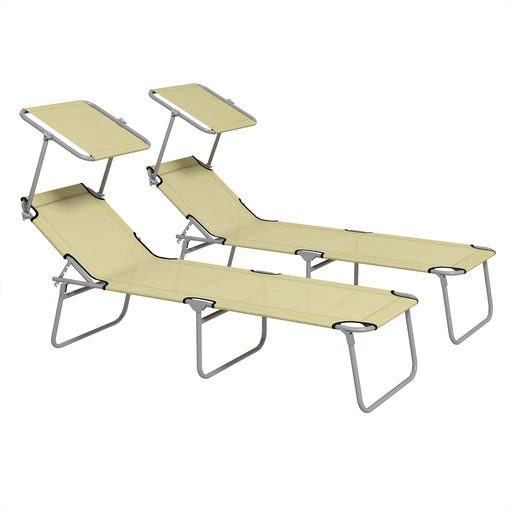 Outdoor Foldable Sun Lounger Set of 2, 4 Level Adjustable Backrest Reclining Sun Lounger Chair with Angle Adjust Sun Shade Awning for Beach, Garden, Patio, Beige