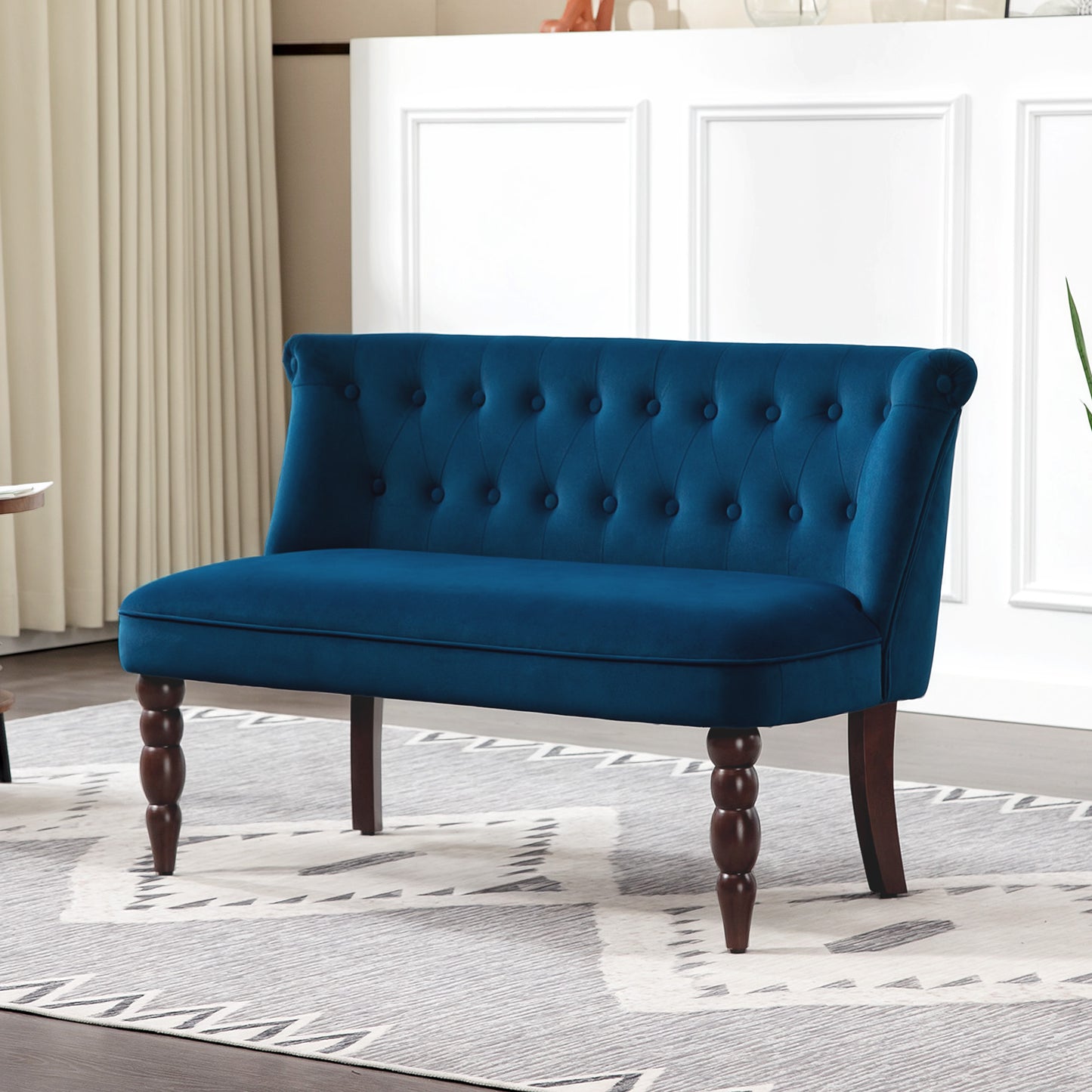 Velvet-Feel Two-Seat Lounger Sofa with Wood Frame, Dark Blue