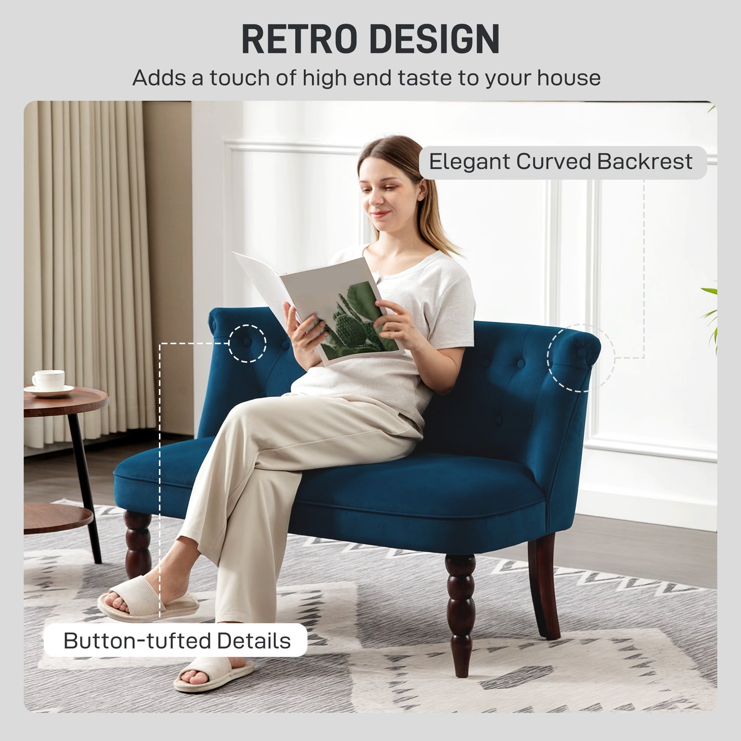 Velvet-Feel Two-Seat Lounger Sofa with Wood Frame, Dark Blue