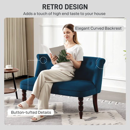 Velvet-Feel Two-Seat Lounger Sofa with Wood Frame, Dark Blue