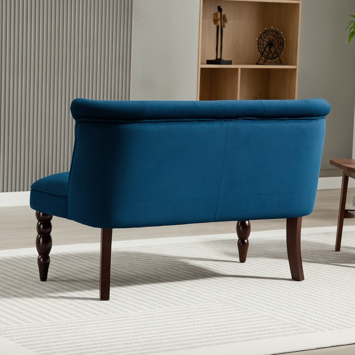 Velvet-Feel Two-Seat Lounger Sofa with Wood Frame, Dark Blue