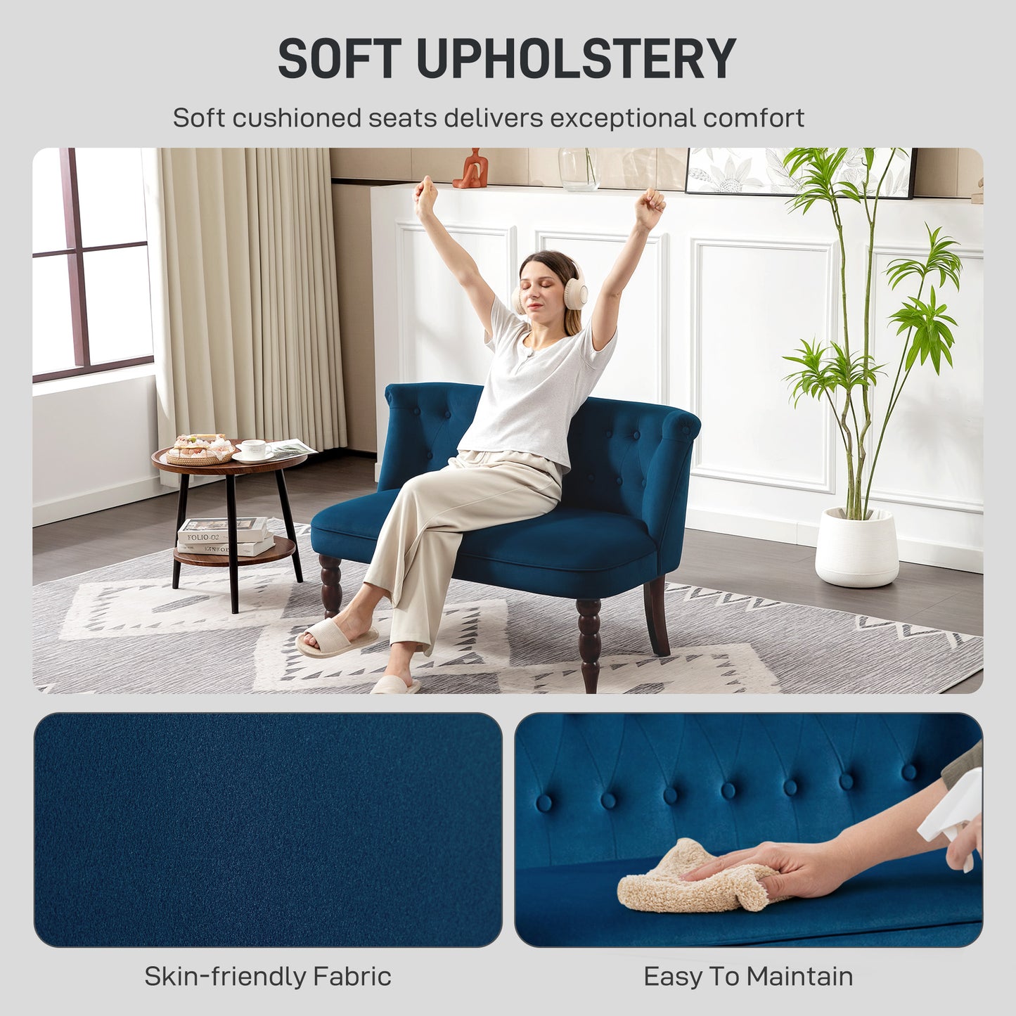 Velvet-Feel Two-Seat Lounger Sofa with Wood Frame, Dark Blue