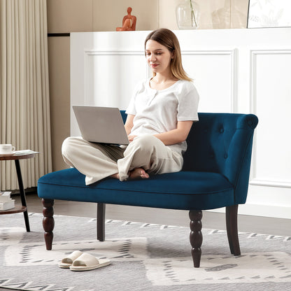 Velvet-Feel Two-Seat Lounger Sofa with Wood Frame, Dark Blue