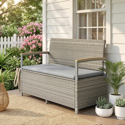 170 L Garden Storage Bench with Zipped Liner, 2 Seater PE Rattan Garden Bench with Storage, Gas Strut, Acacia Wood Top Armrests, Cushion, Patio Outdoor Benches Chest Container, Light Grey