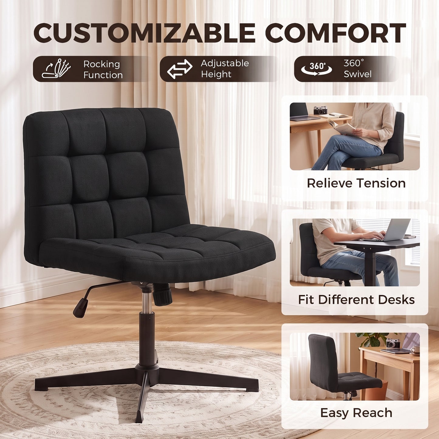 Armless Office Chair, Cross Legged Vanity Chair with Wide Seat, Black