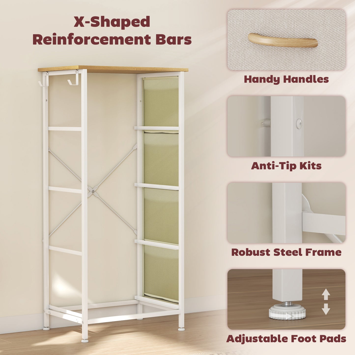 Fabric Chest of Drawers, 4 Drawer Dresser for Bedroom, Beige