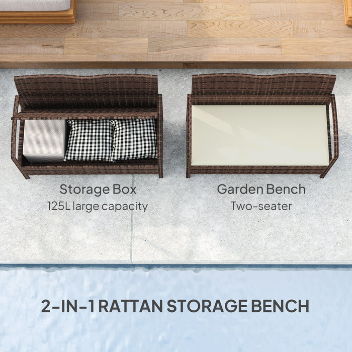 Rattan Garden Bench w/ 125L Storage, Cushioned Outdoor Bench, Brown