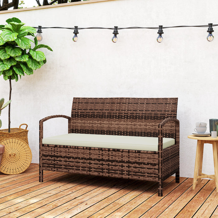 Rattan Garden Bench w/ 125L Storage, Cushioned Outdoor Bench, Brown