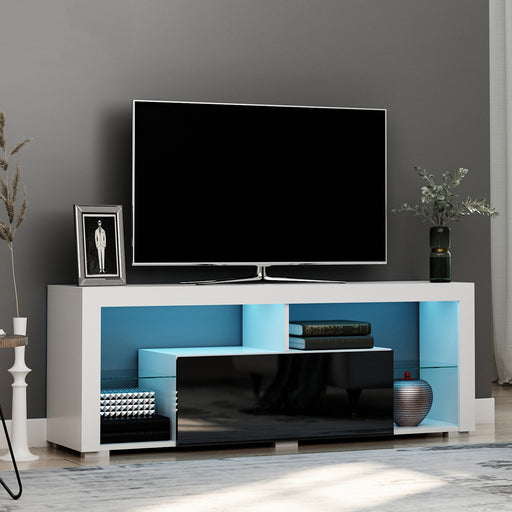 140cm TV Stand Cabinet High Gloss Media TV Stand Unit with LED RGB and Storage Shelf for 55 inch TV Black and White