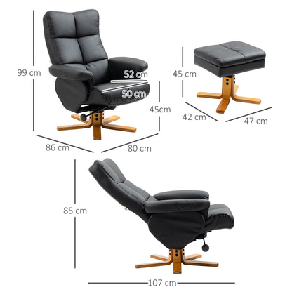 Recliner Chair and Footstool PU Leather Wooden Base Black