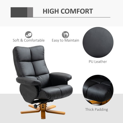 Recliner Chair and Footstool PU Leather Wooden Base Black