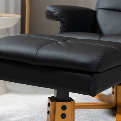 Recliner Chair and Footstool PU Leather Wooden Base Black