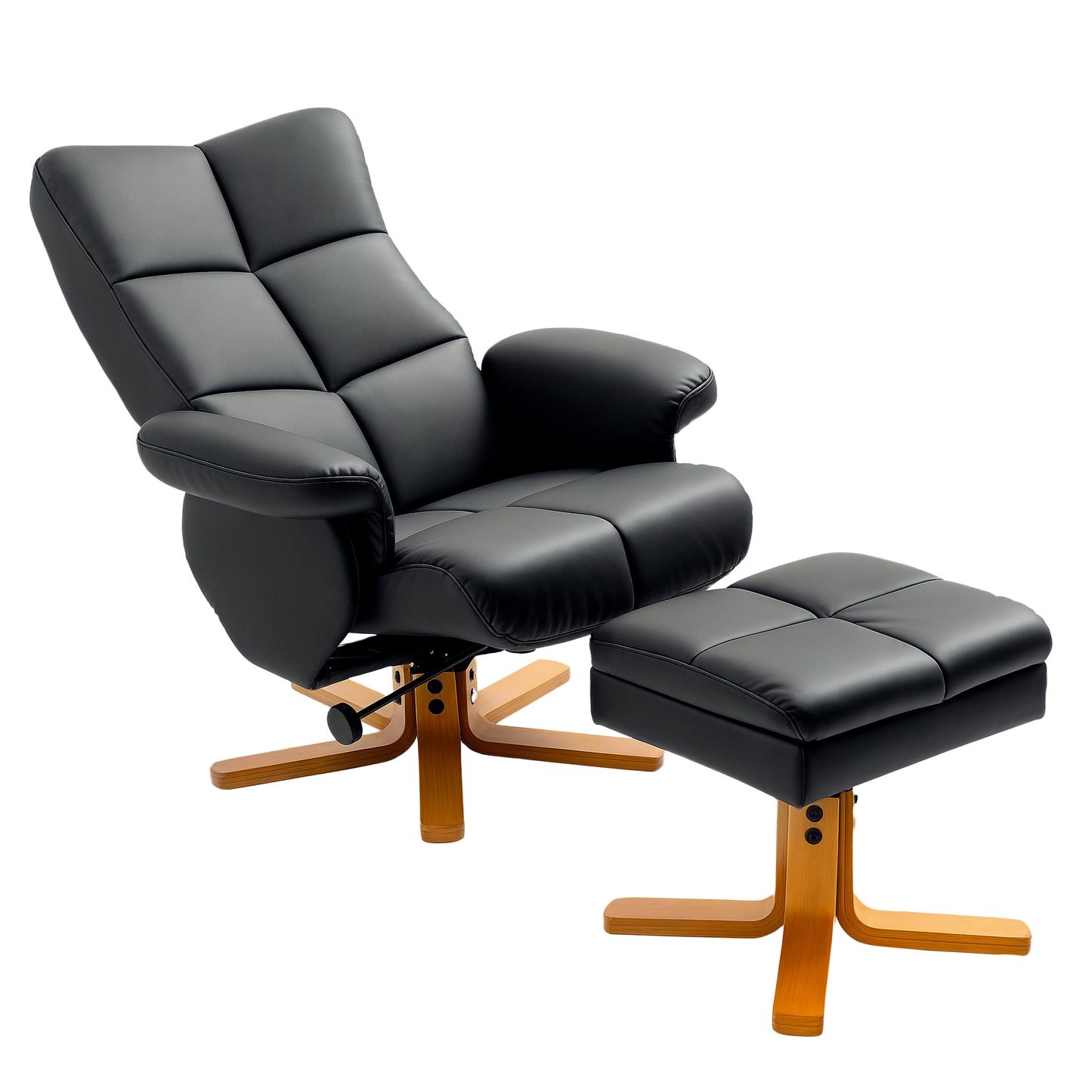 Recliner Chair and Footstool PU Leather Wooden Base Black