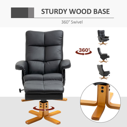 Recliner Chair and Footstool PU Leather Wooden Base Black