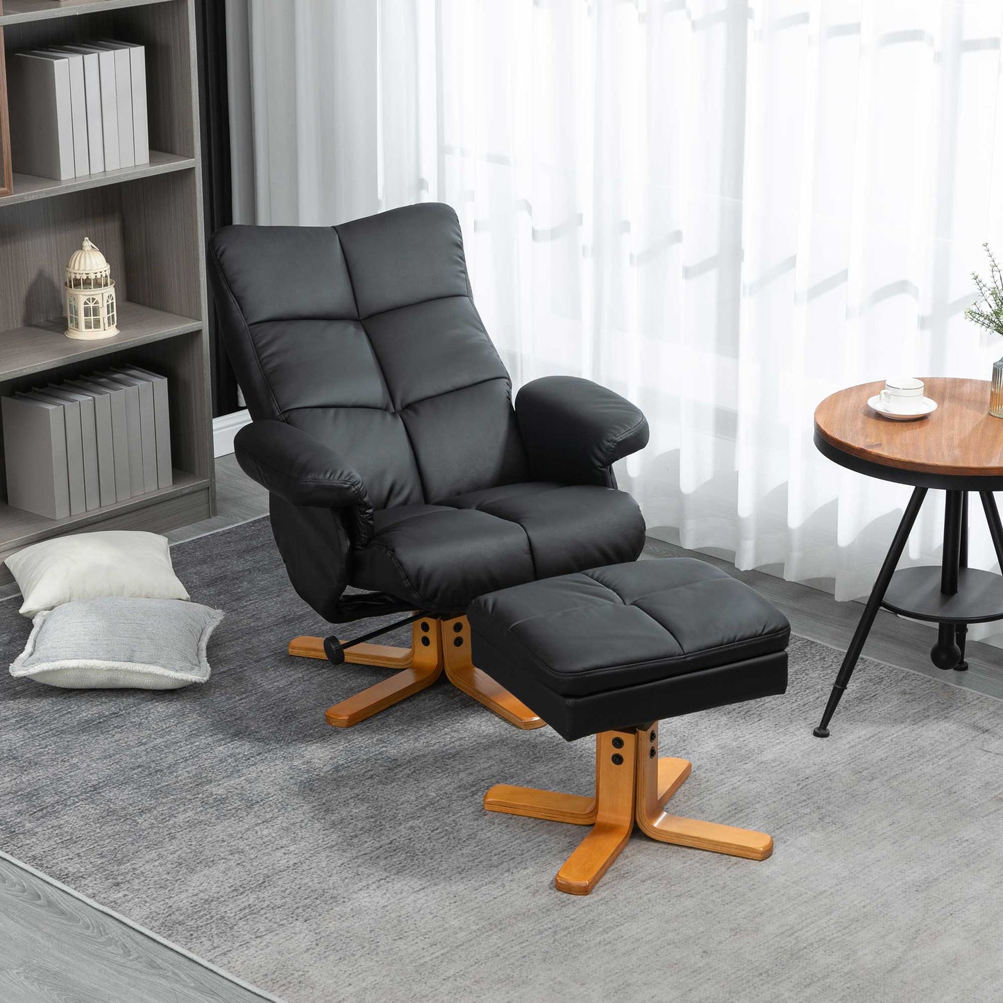 Recliner Chair and Footstool PU Leather Wooden Base Black
