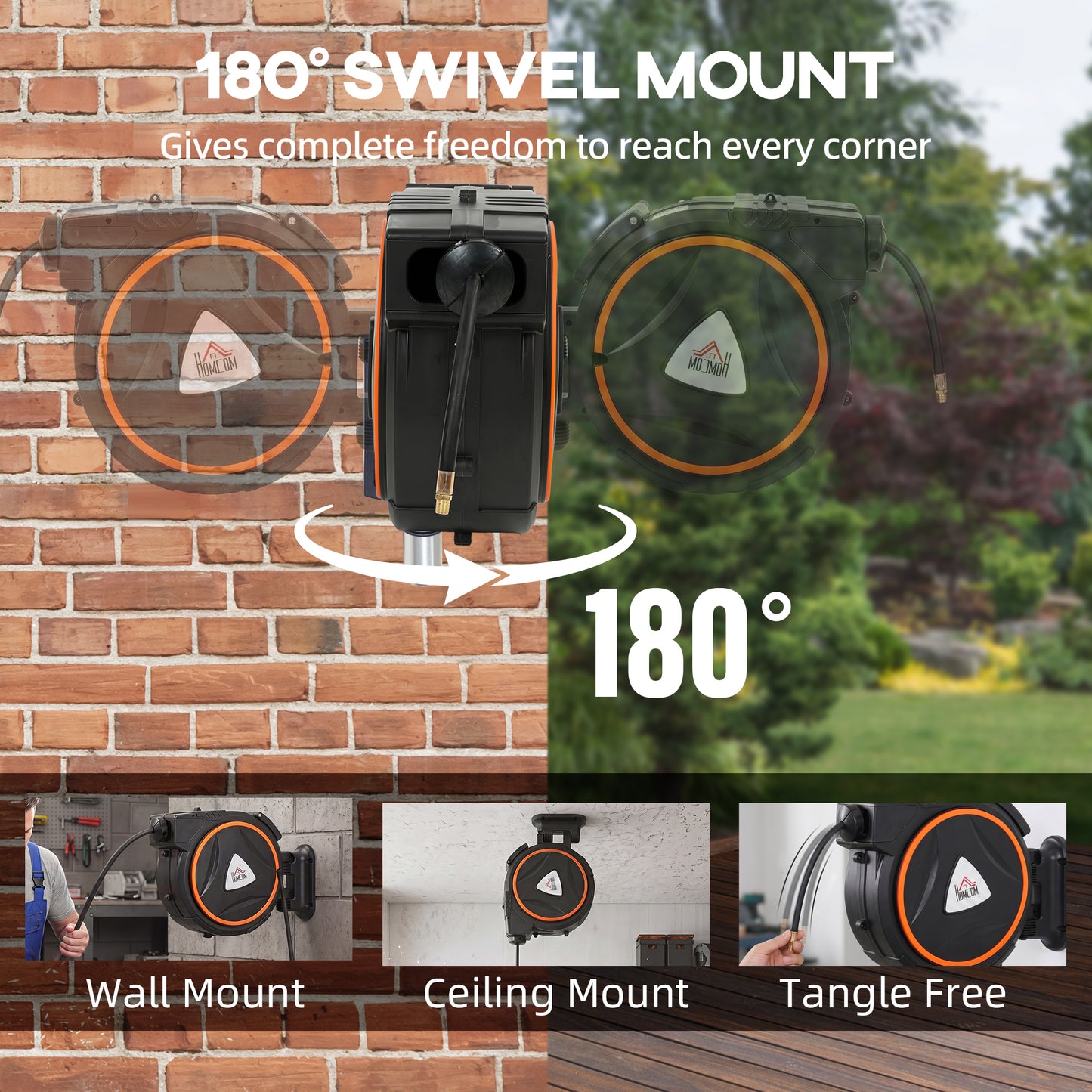 Wall Mount Auto Rewind Hose Reel with 180° Swivel Bracket, Black