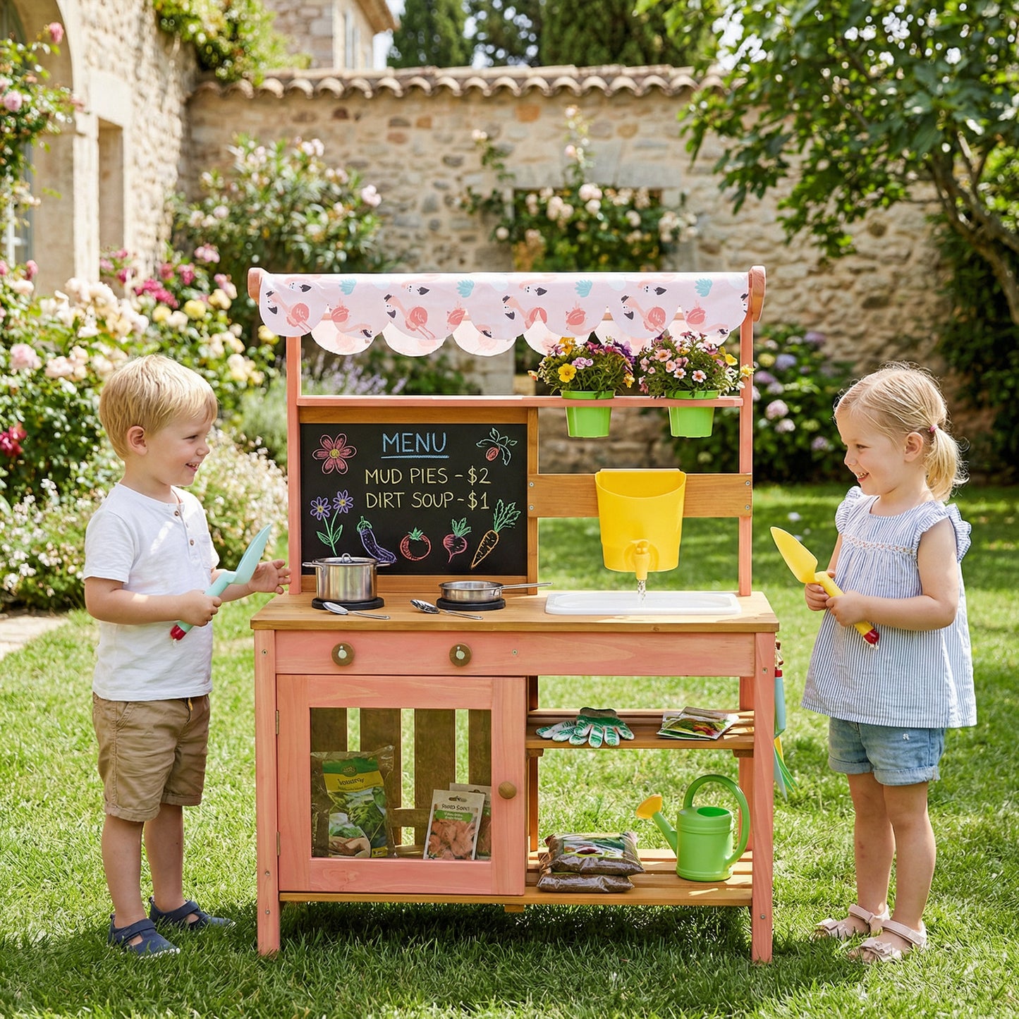 Wooden Kids Mud Kitchen with Canopy, Planter Box, Pink