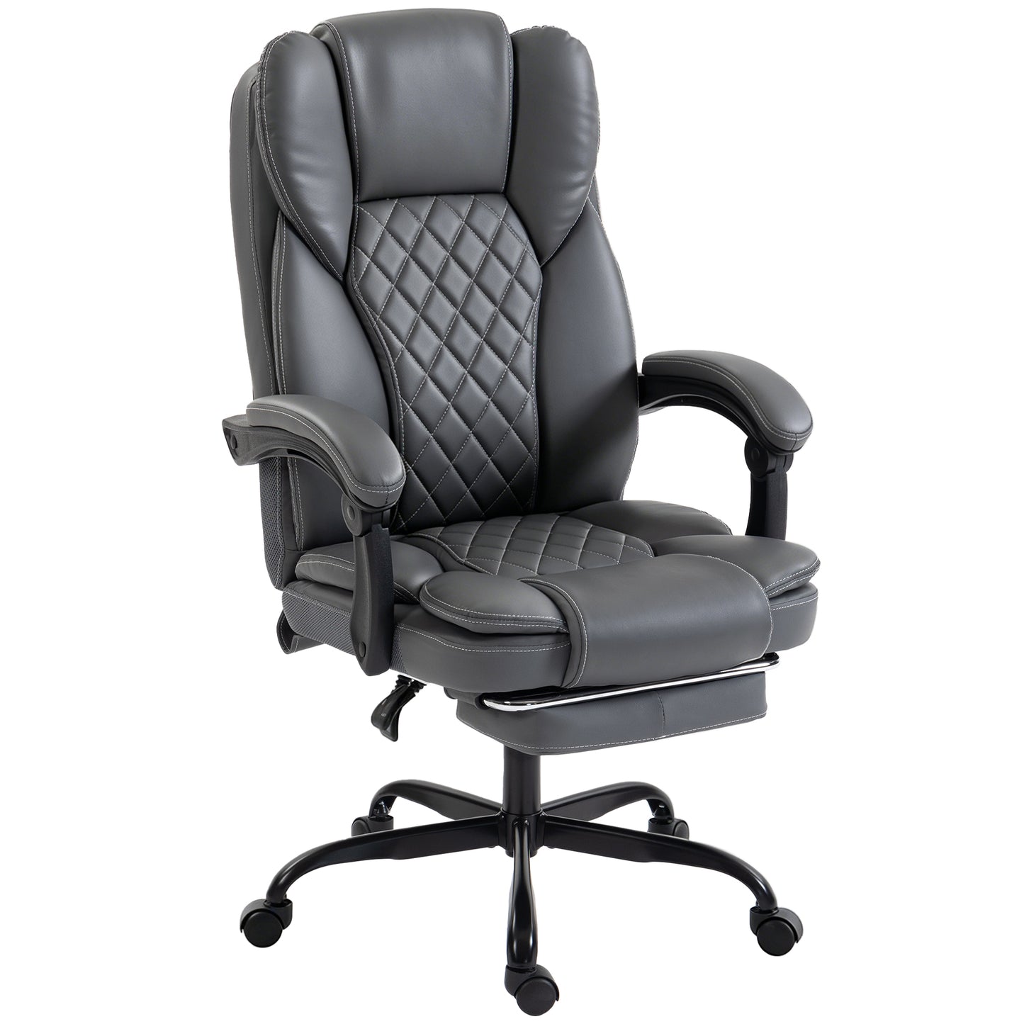 High-Back Executive Home Office Chair, PU Leather Computer Desk Chair with 360 Degree Swivel, Reclining Function, Retractable Footrest and Adjustable Height, Grey