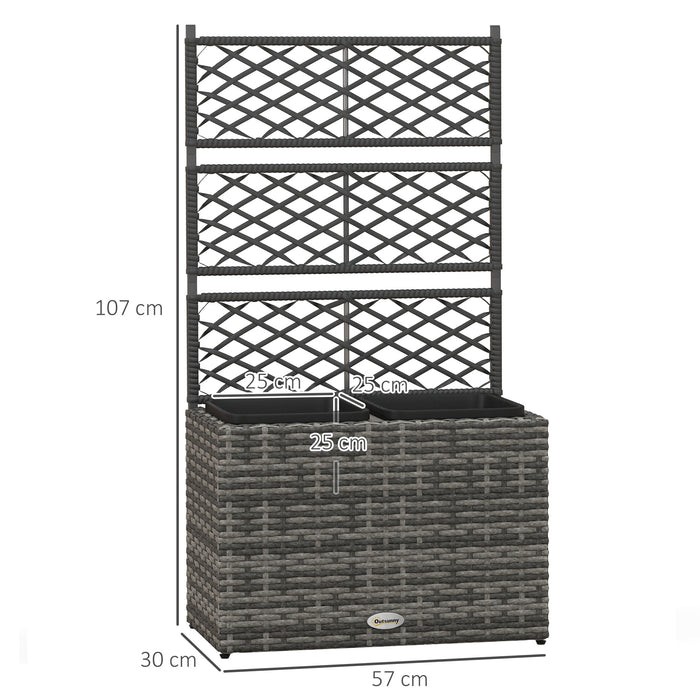 22L Garden PE Rattan Planter w/ Trellis, Free Standing Flower Raised Bed w/ 2 Plant Boxes for Climbing Plants, 57x30x107 cm, Mixed Grey