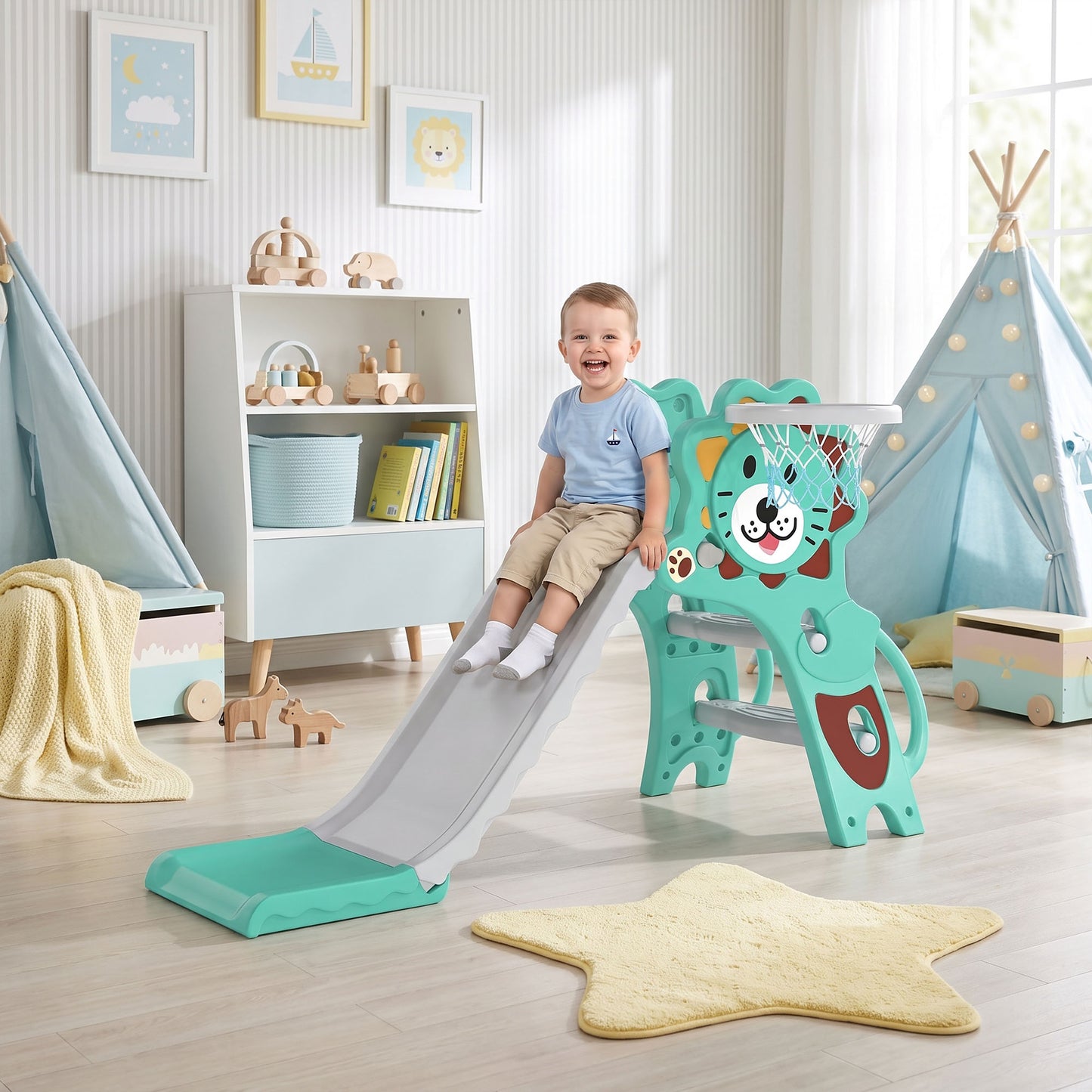 3 in 1 Kids Slide for Indoor with Basketball Hoop - Blue