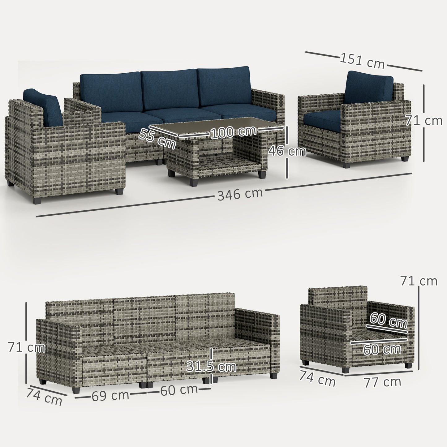 5 Seater Wicker Outdoor Furniture Set for Balcony, Navy Blue