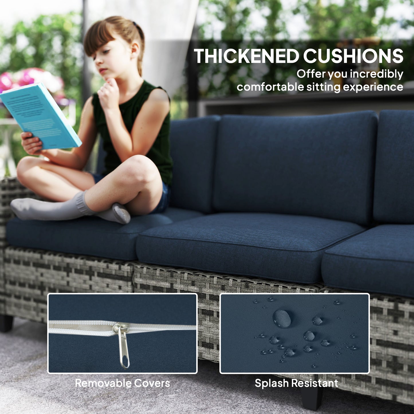 5 Seater Wicker Outdoor Furniture Set for Balcony, Navy Blue