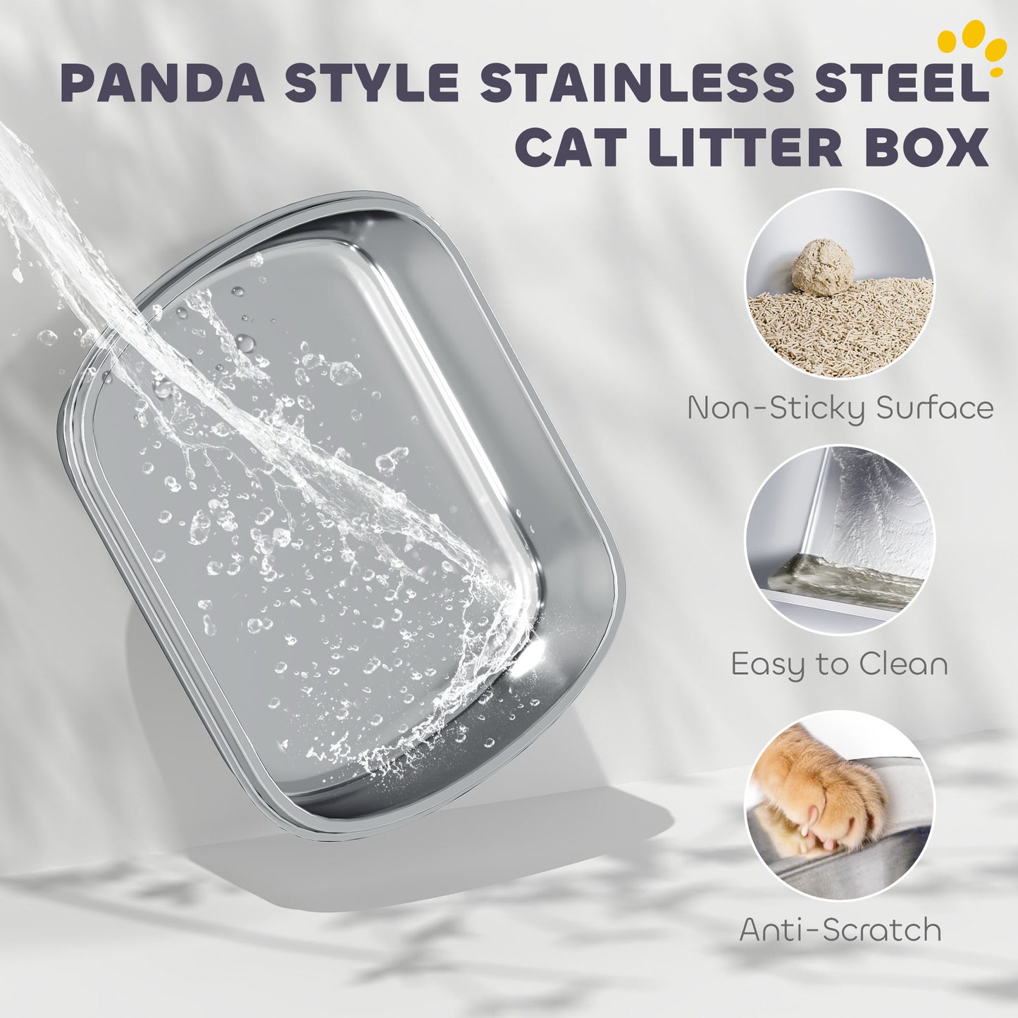XL Stainless Steel Litter Box Tray with Lid, Panda Style