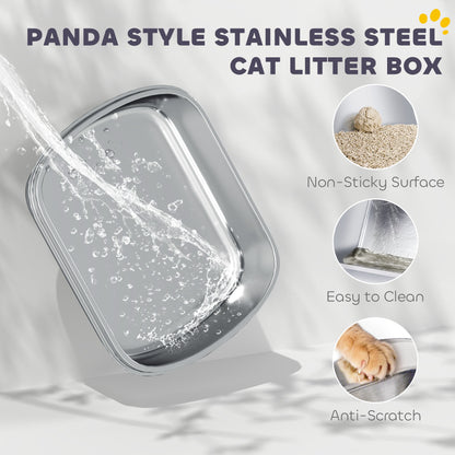 XL Stainless Steel Litter Box Tray with Lid, Panda Style