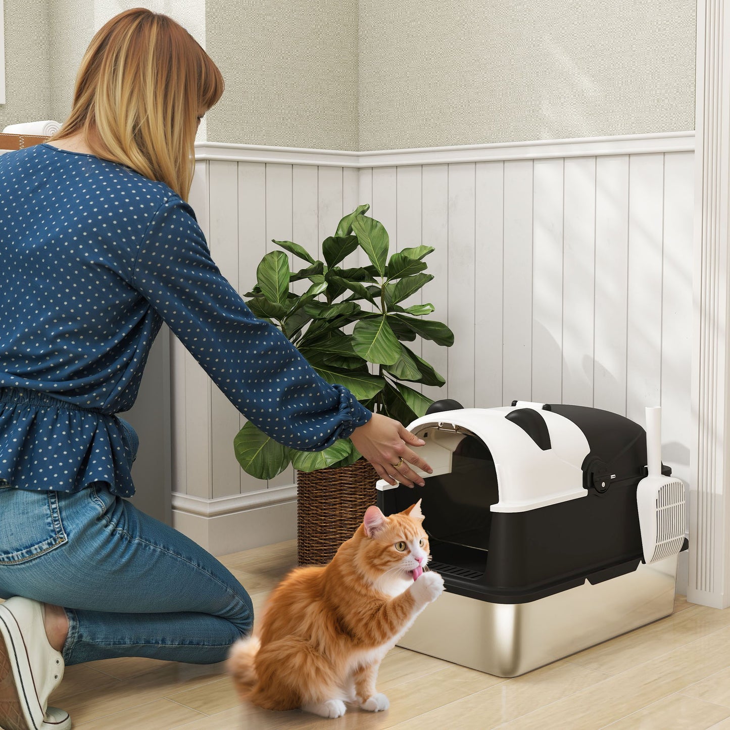 XL Stainless Steel Litter Box Tray with Lid, Panda Style