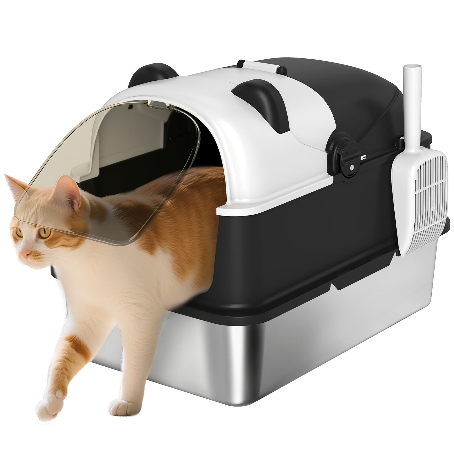 XL Stainless Steel Litter Box Tray with Lid, Panda Style