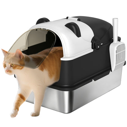 XL Stainless Steel Litter Box Tray with Lid, Panda Style