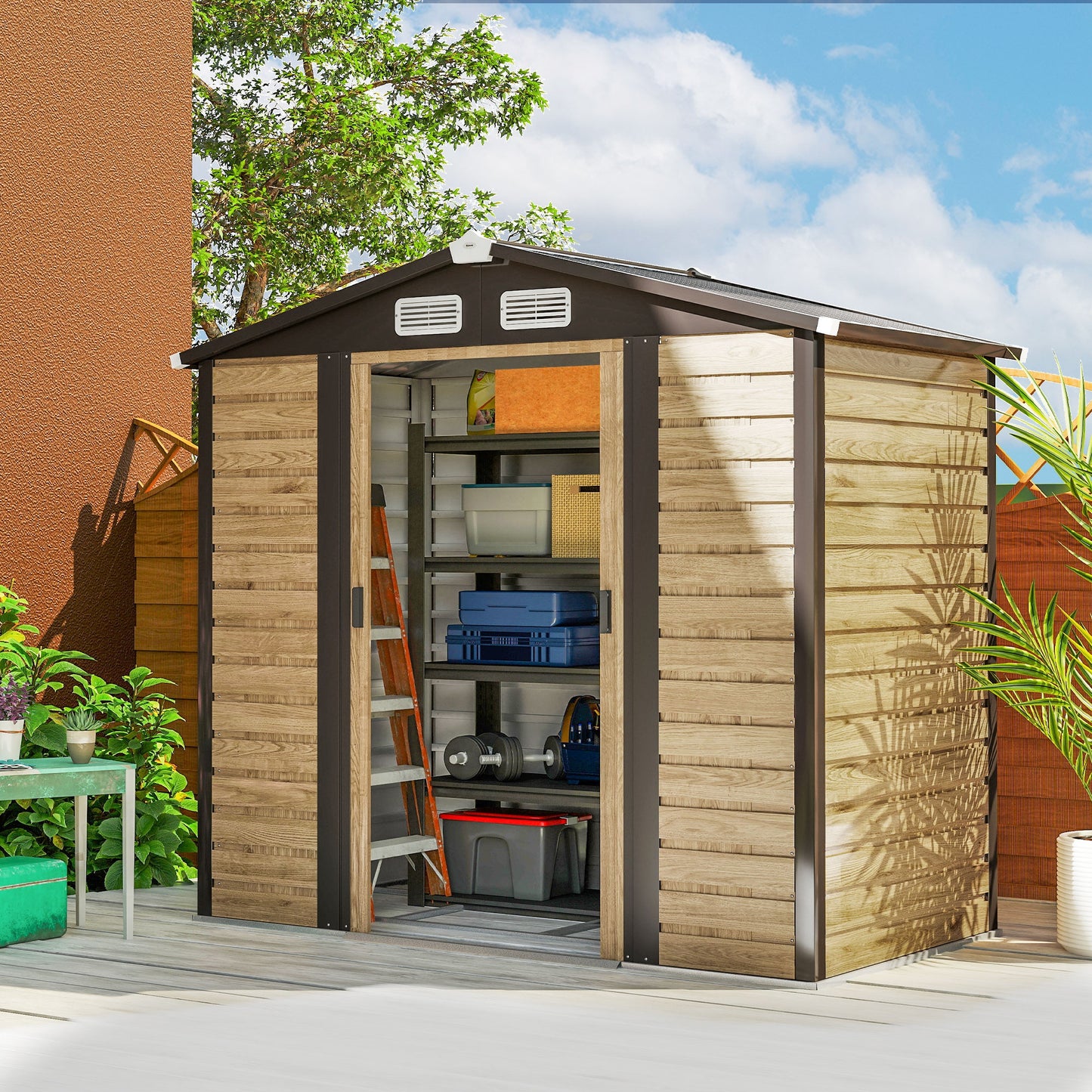 7 x 4ft Garden Shed, Easy to Assemble, Upgraded Galvanised Steel Frame with Foundation Kit, Double Doors with Lock, Outdoor Metal Shed with Vents and Gloves, Garden Storage Shed, Natural
