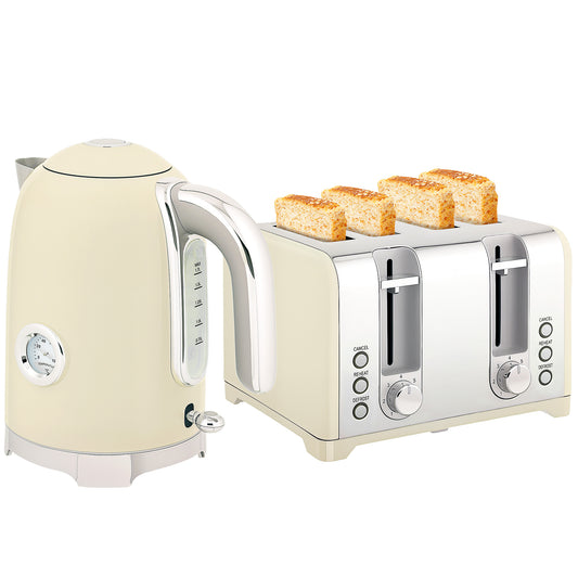 3000W 1.7L Kettle with Retro Thermometer, 4 Slice Toaster Set, Cream