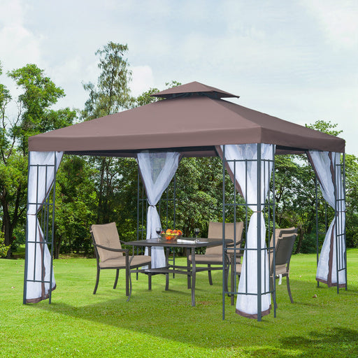 3 x 3(m) Patio Gazebo Canopy Garden Pavilion Tent Shelter with 2 Tier Roof and Mosquito Netting, Steel Frame, Coffee