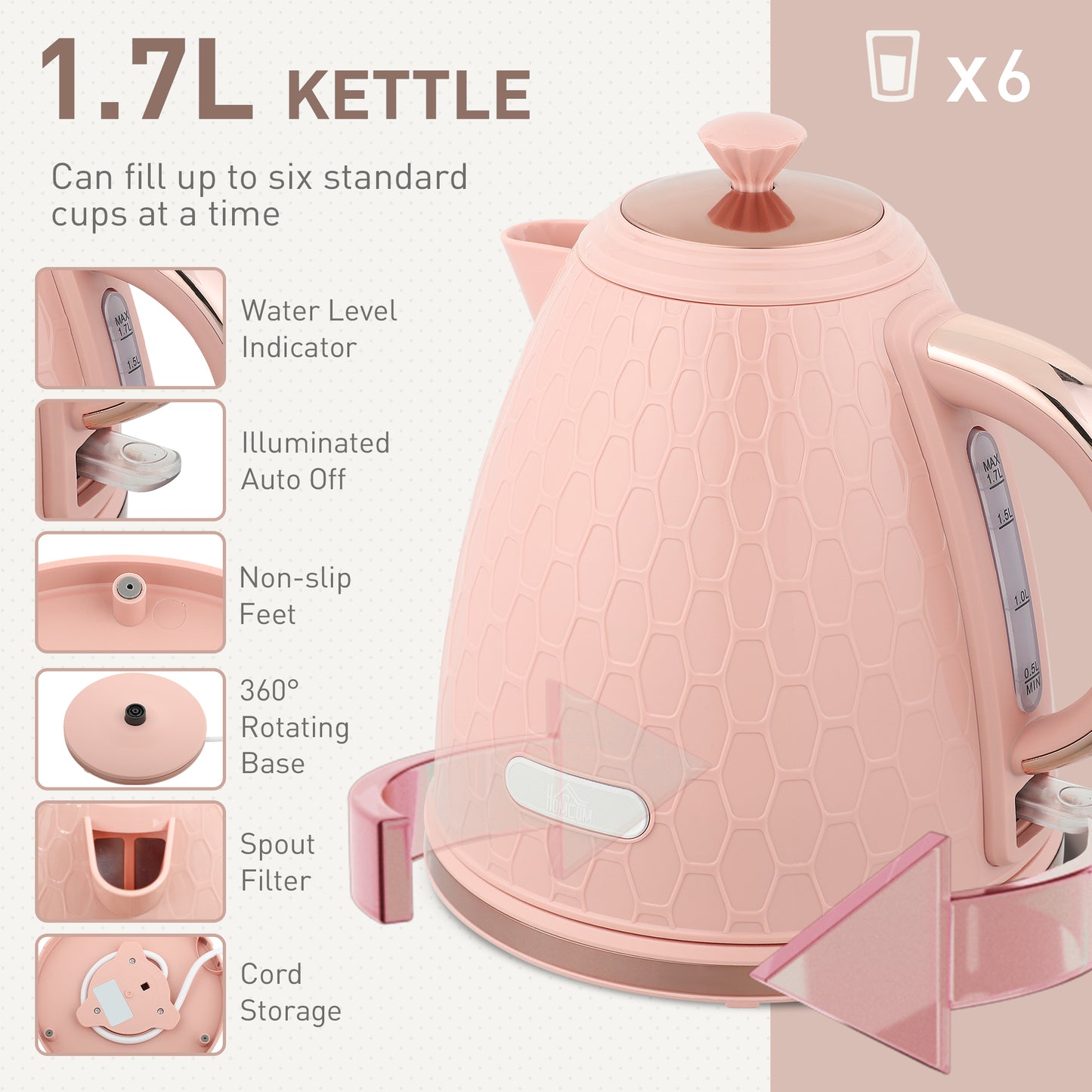Kettle and Toaster Set 1.7L Kettle & 2 Slice Toaster Set, Light Pink