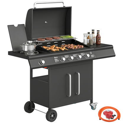 Burner Gas BBQ Grill, Gas Barbecue Trolley with Side Table, Black