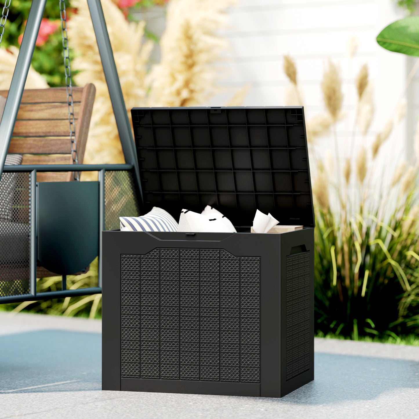 93L Plastic Garden Storage Box, Storage Container w/ Handles, Black
