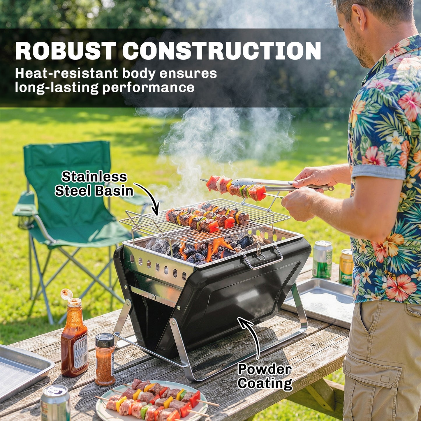 Charcoal BBQ Grill Portable with Tilting Grate Black
