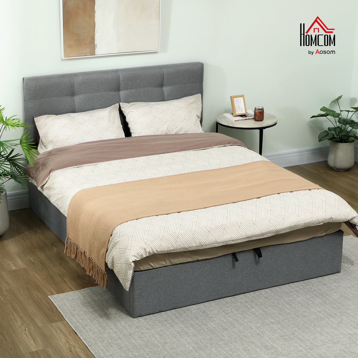 5ft King Storage Bed Frame, Grey Upholstered Ottoman Bed
