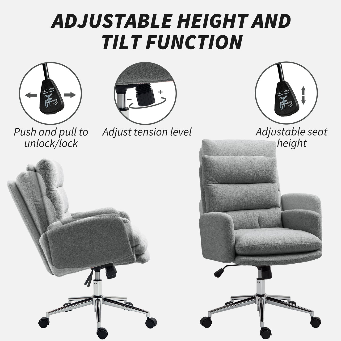 Upholstered Desk Chair with Height Adjustable, Grey