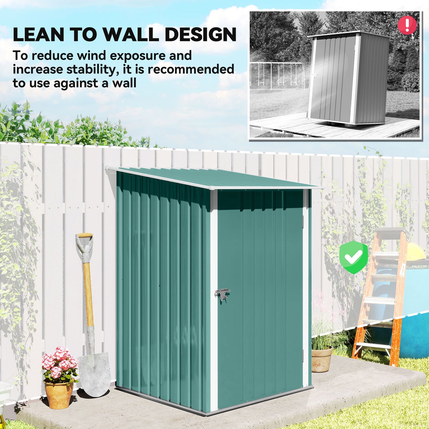 3.3ft x 3.4ft Lean to Garden Shed, Metal Outdoor Storage Shed with Single Lockable Door, Tool Storage Shed for Garden, Patio, Lawn, Green