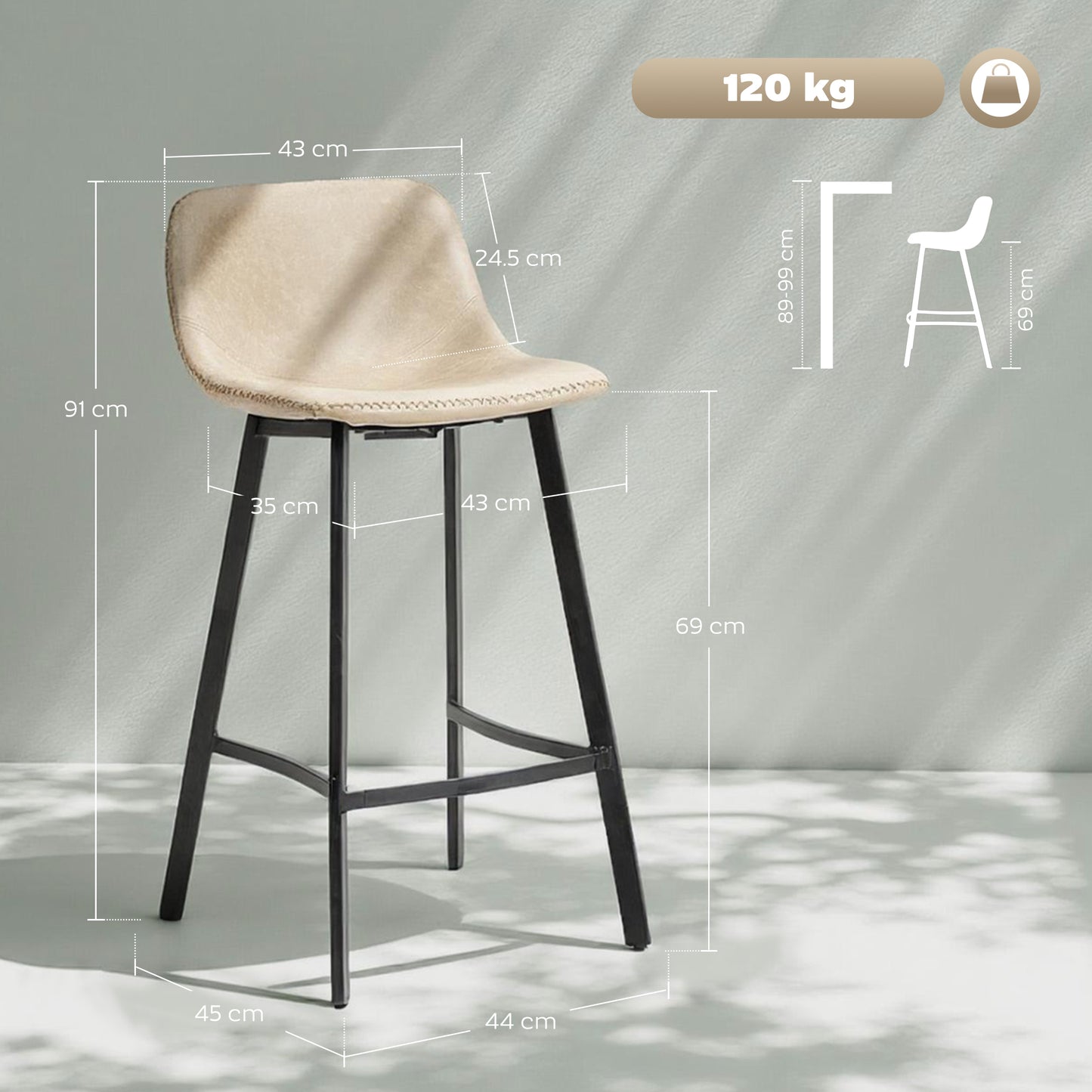 Bar Stools Set of 2, Bar Chairs with Back and Steel Legs, Light Brown