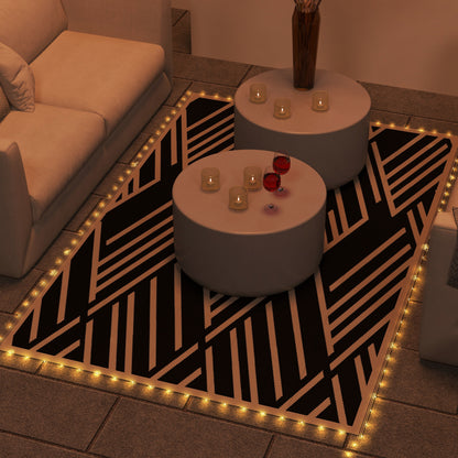 Plastic Straw Reversible RV Outdoor Rug with LED String Light, 182 x 274cm, Black and Coffee