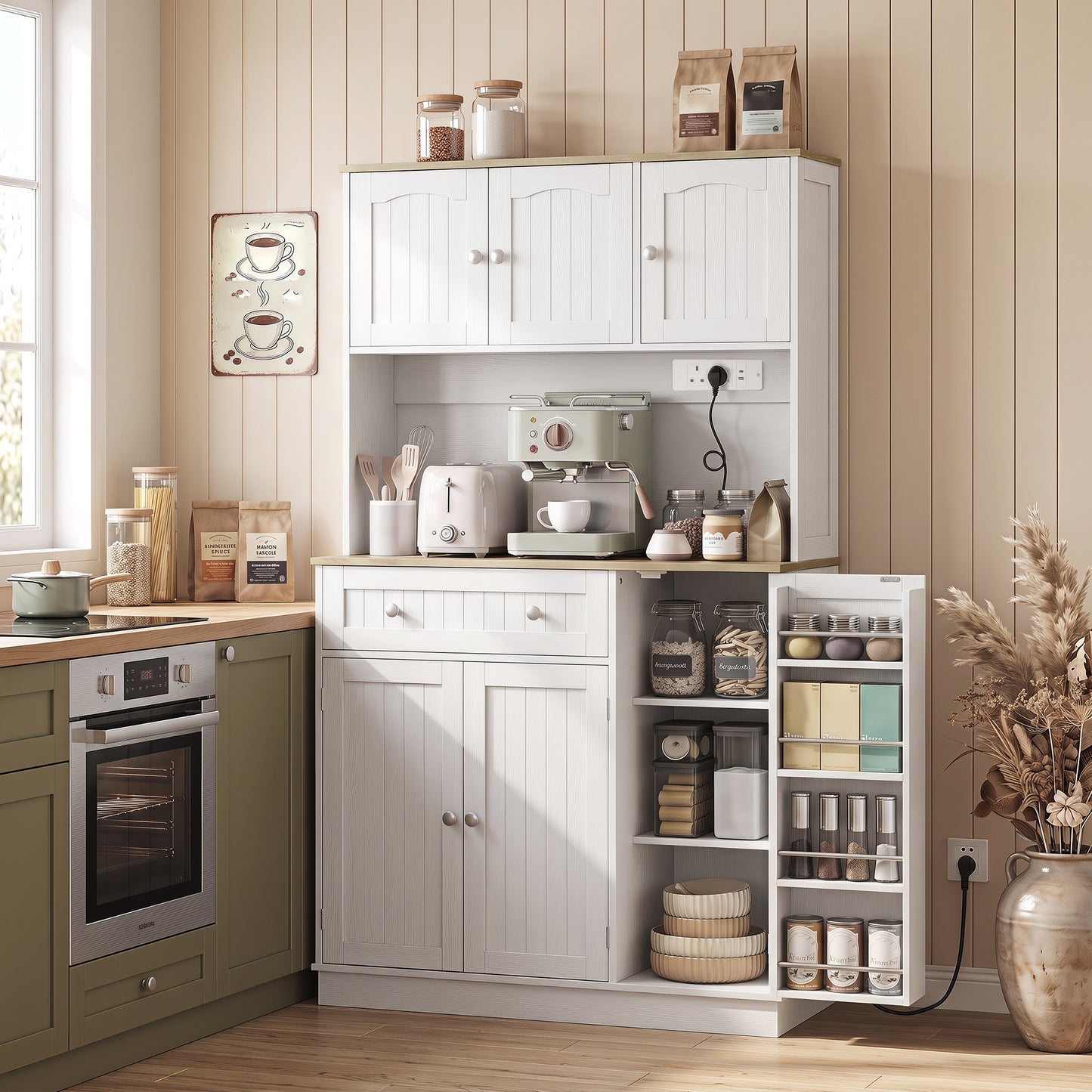 Pantry Storage Cabinet with Adjustable Shelves and 4 Door Racks