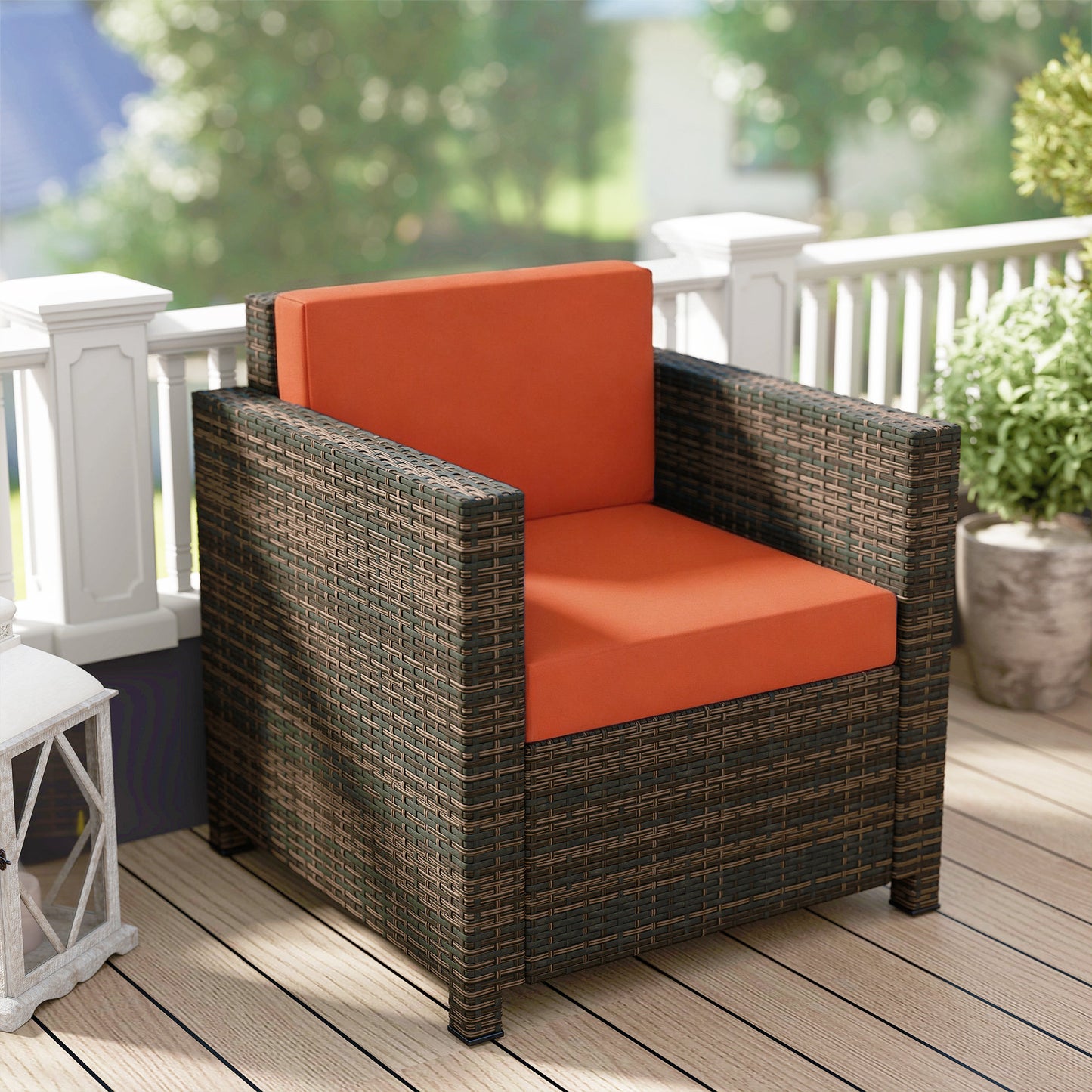 Rattan Garden Armchair, Cushioned Single Rattan Chair, Brown/Orange
