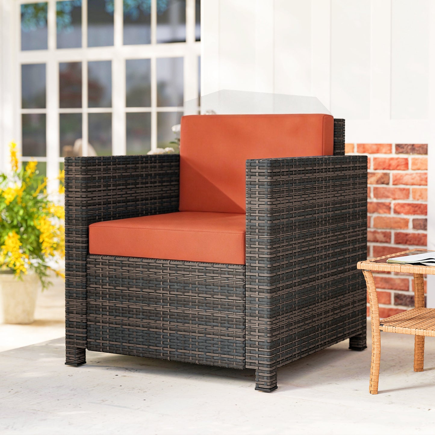 Rattan Garden Armchair, Cushioned Single Rattan Chair, Brown/Orange