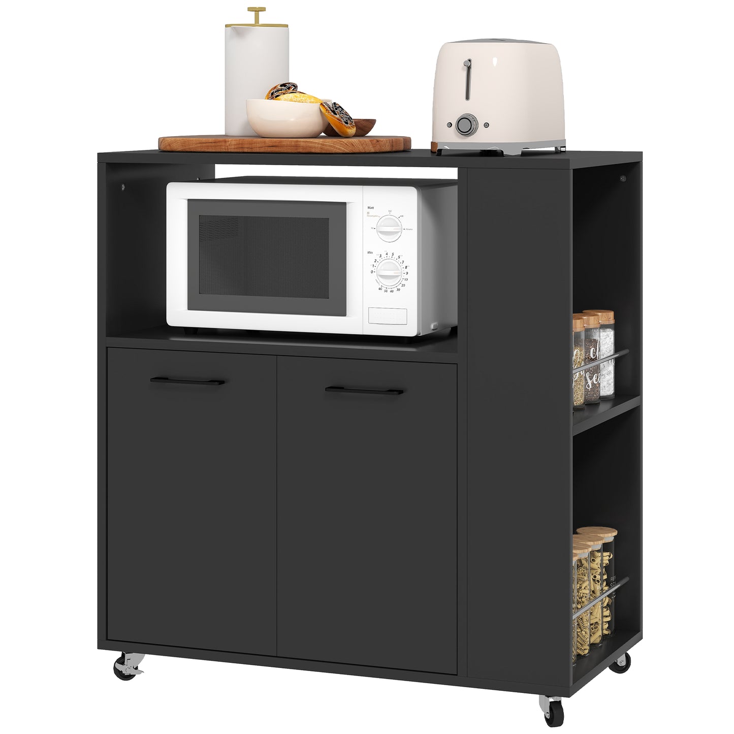 Kitchen Island on Wheels with 2-Door Cabinet and Spice Rack, Black