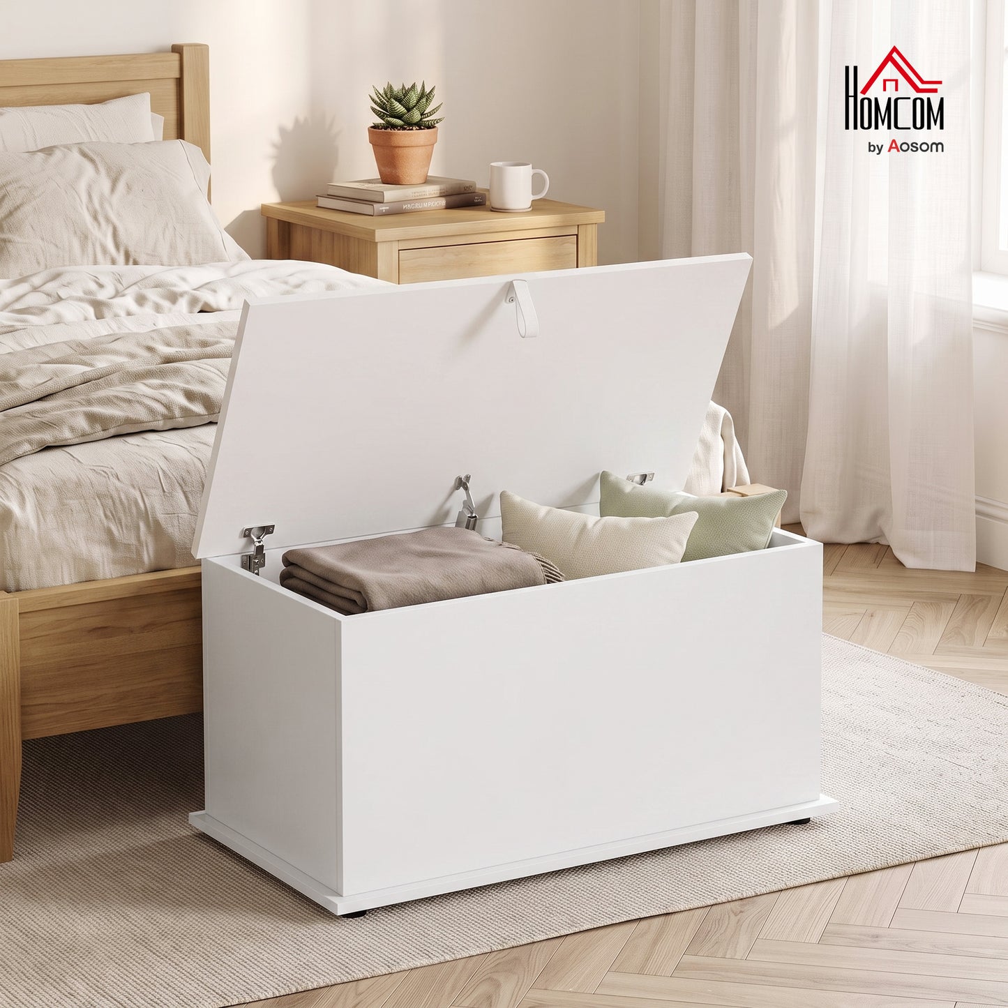 Storage Chest with Safety Hinged Lid, 102L Storage Box, White
