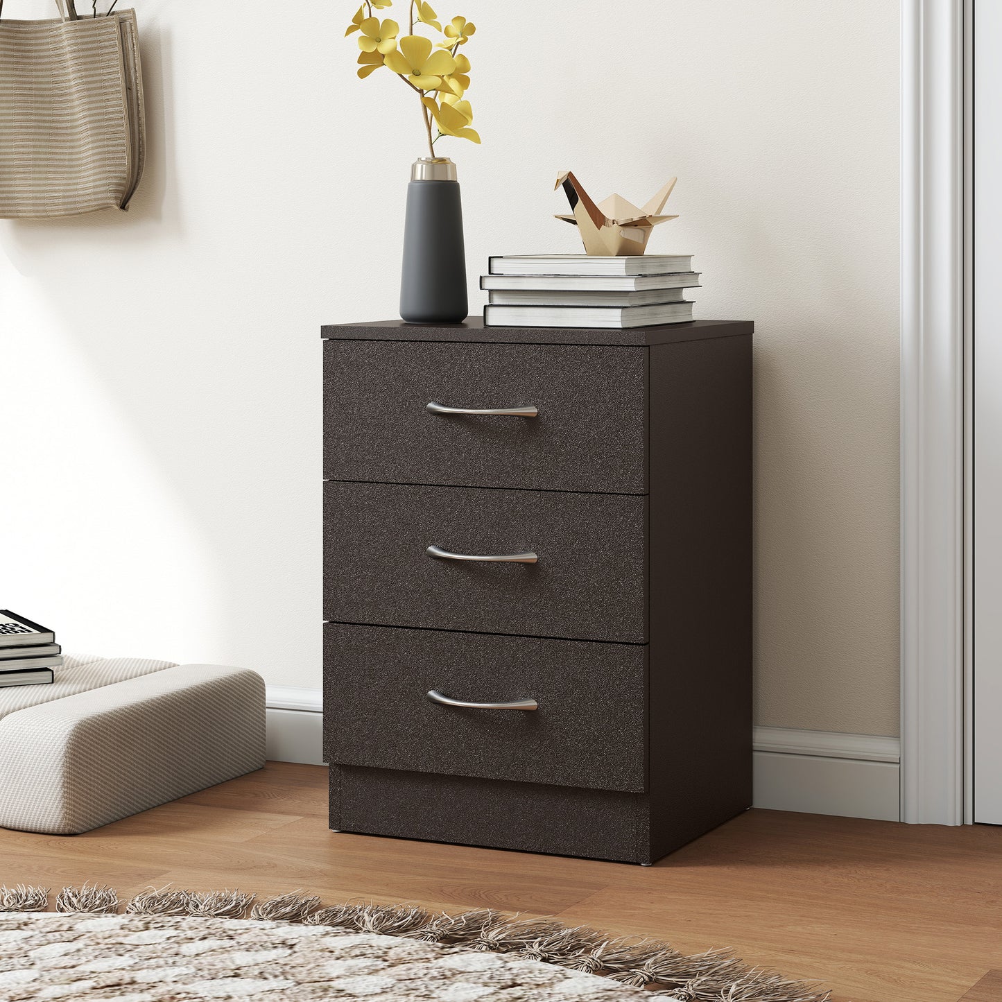 Modern 3 Drawers Side Table, Bedside Table with Wood Effect, Black