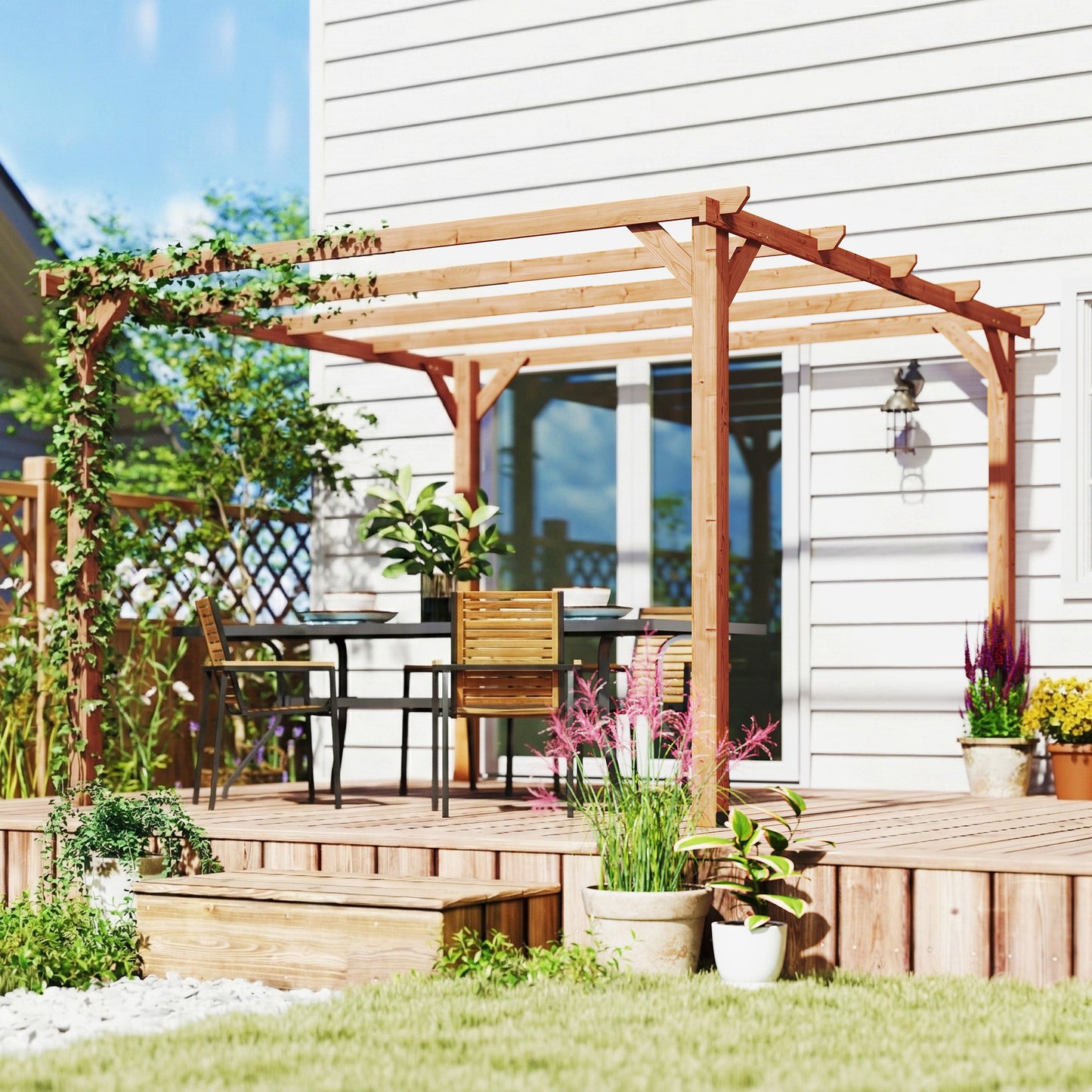 3x3 m Garden Wooden Pergola Gazebo Grape Trellis, Maple Wood-effect